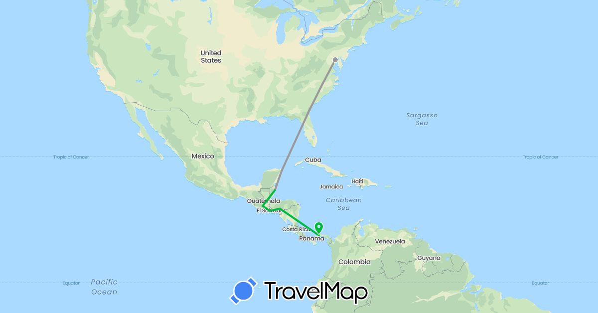 TravelMap itinerary: driving, bus, plane in Belize, Guatemala, Honduras, Mexico, Panama, El Salvador, United States (North America)